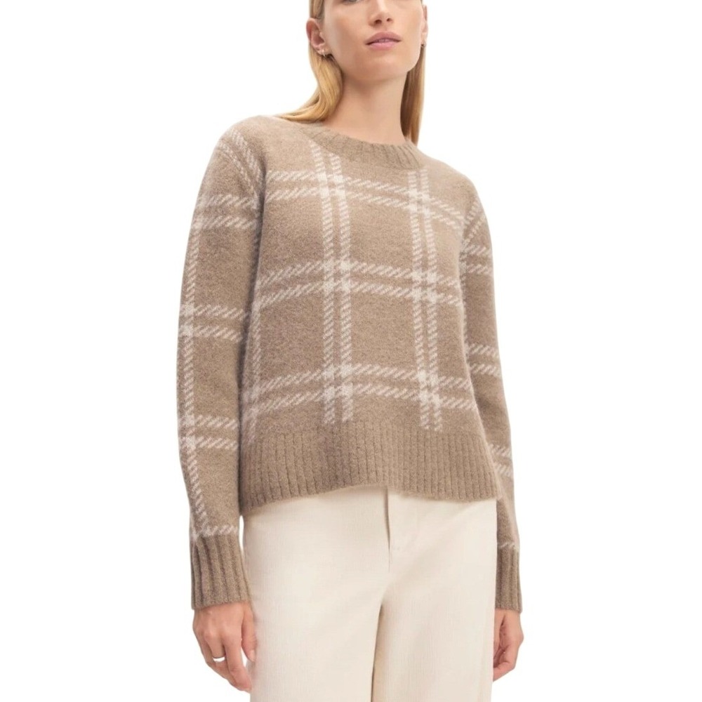 Everlane Plaid Alpaca Merino Wool Sweater Womens Large‎ Taupe Cream Crew Neck
